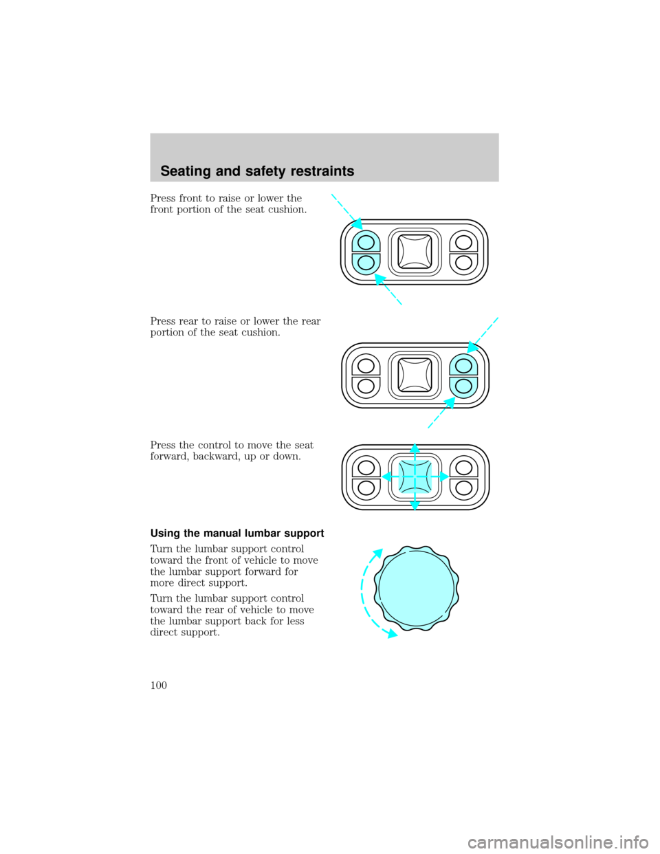 FORD F150 2000 10.G Owners Manual Press front to raise or lower the
front portion of the seat cushion.
Press rear to raise or lower the rear
portion of the seat cushion.
Press the control to move the seat
forward, backward, up or down