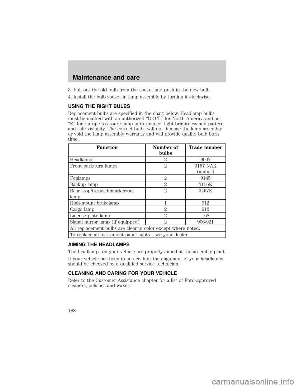 FORD F150 2001 10.G Owners Manual 3. Pull out the old bulb from the socket and push in the new bulb.
4. Install the bulb socket in lamp assembly by turning it clockwise.
USING THE RIGHT BULBS
Replacement bulbs are specified in the cha