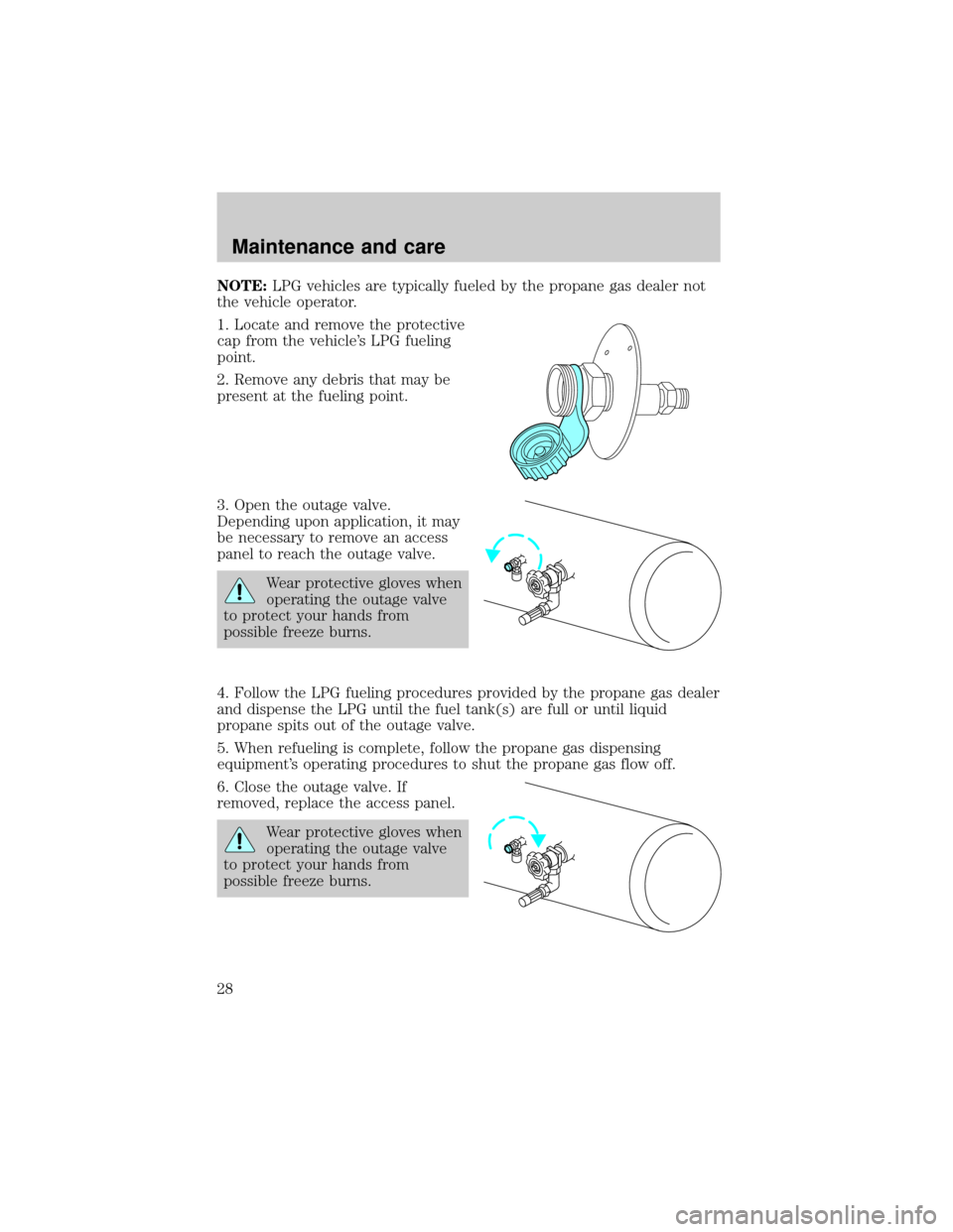 FORD F150 2002 10.G Bi Fuel Supplement Manual NOTE:LPG vehicles are typically fueled by the propane gas dealer not
the vehicle operator.
1. Locate and remove the protective
cap from the vehicles LPG fueling
point.
2. Remove any debris that may b