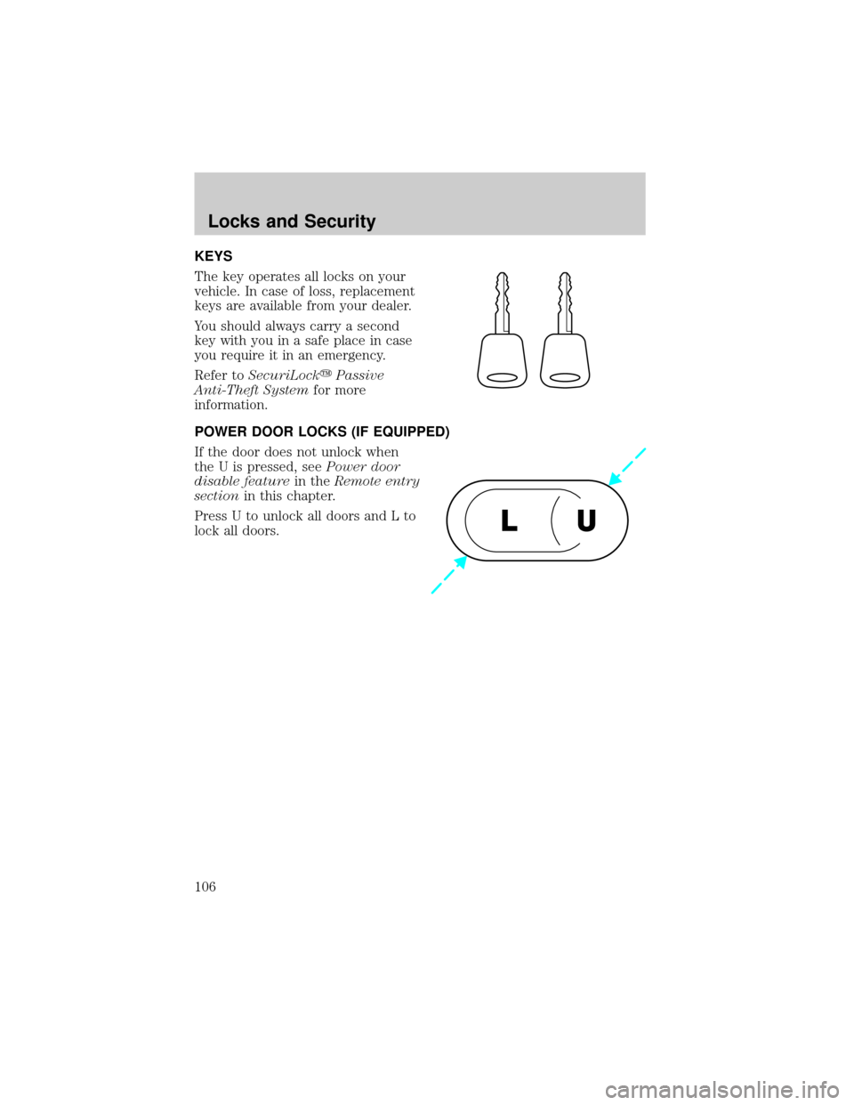 FORD F150 2002 10.G Owners Manual KEYS
The key operates all locks on your
vehicle. In case of loss, replacement
keys are available from your dealer.
You should always carry a second
key with you in a safe place in case
you require it 