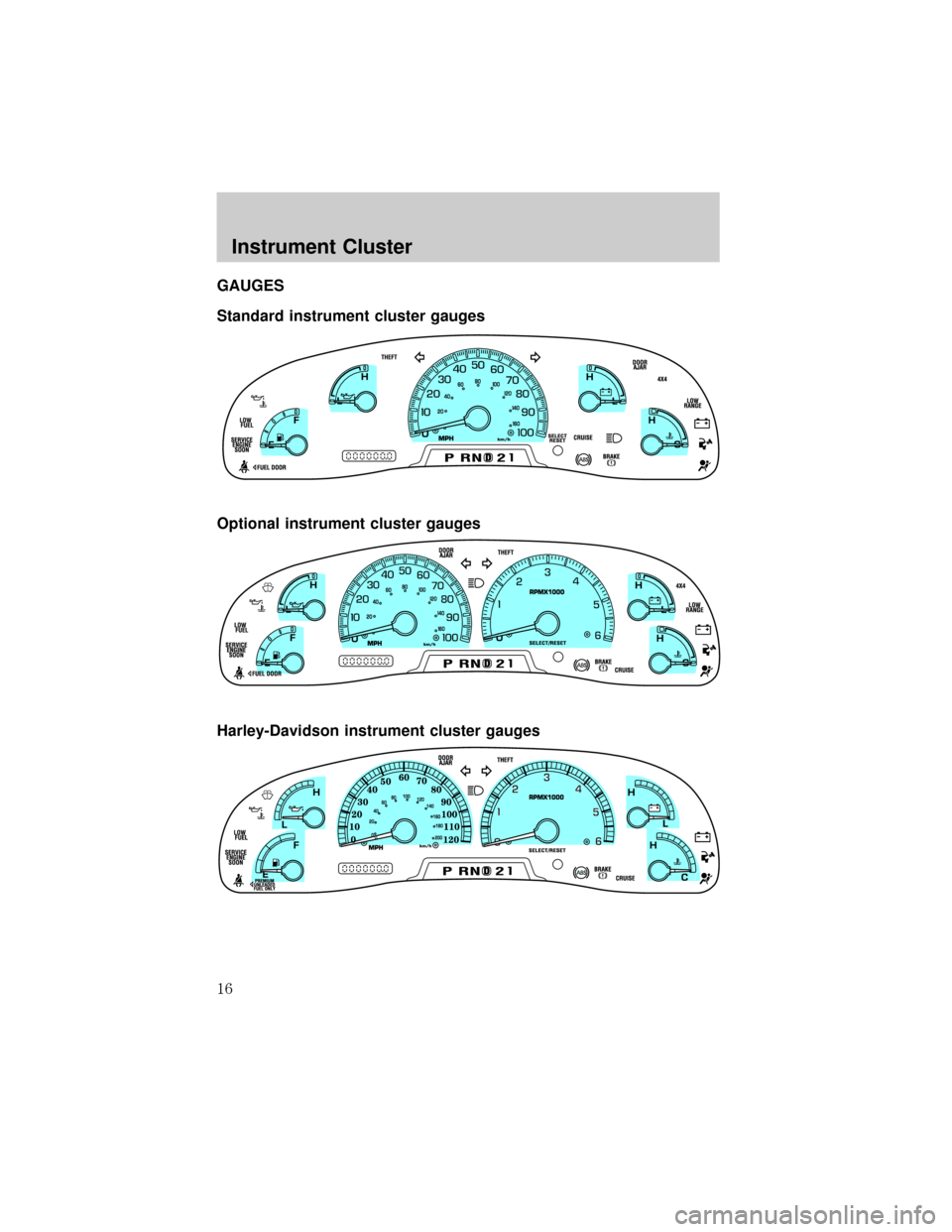 FORD F150 2002 10.G Owners Manual GAUGES
Standard instrument cluster gauges
Optional instrument cluster gauges
Harley-Davidson instrument cluster gauges
Instrument Cluster
16 