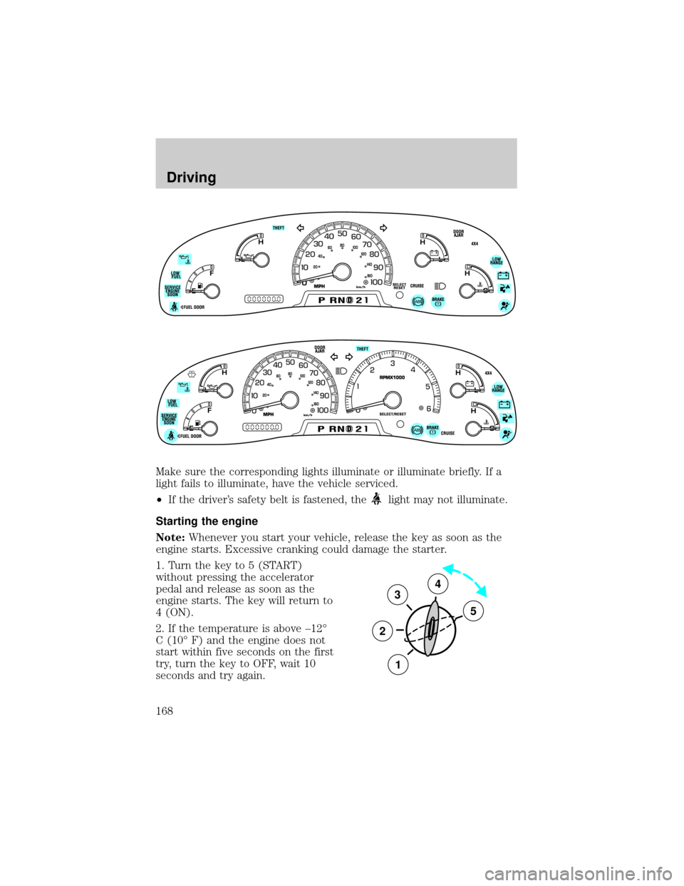 FORD F150 2002 10.G Owners Manual Make sure the corresponding lights illuminate or illuminate briefly. If a
light fails to illuminate, have the vehicle serviced.
²If the drivers safety belt is fastened, the
light may not illuminate.