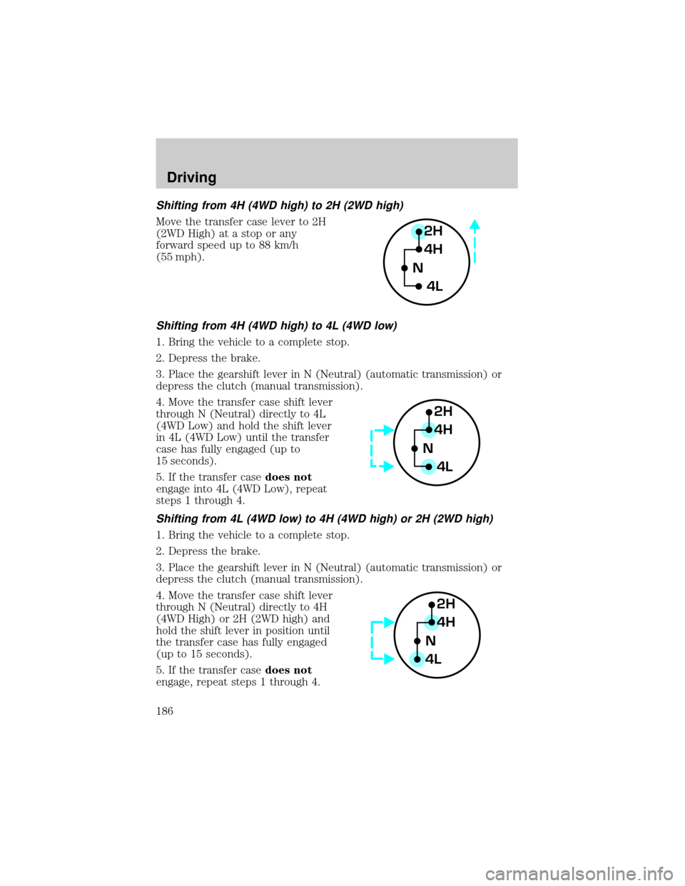 FORD F150 2002 10.G Owners Manual Shifting from 4H (4WD high) to 2H (2WD high)
Move the transfer case lever to 2H
(2WD High) at a stop or any
forward speed up to 88 km/h
(55 mph).
Shifting from 4H (4WD high) to 4L (4WD low)
1. Bring t FORD F150 2002 10.G Owners Manual Shifting from 4H (4WD high) to 2H (2WD high)
Move the transfer case lever to 2H
(2WD High) at a stop or any
forward speed up to 88 km/h
(55 mph).
Shifting from 4H (4WD high) to 4L (4WD low)
1. Bring t