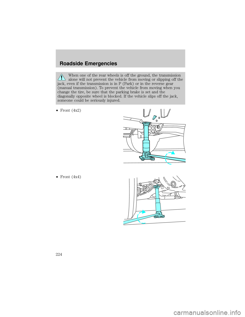 FORD F150 2002 10.G Owners Manual When one of the rear wheels is off the ground, the transmission
alone will not prevent the vehicle from moving or slipping off the
jack, even if the transmission is in P (Park) or in the reverse gear
