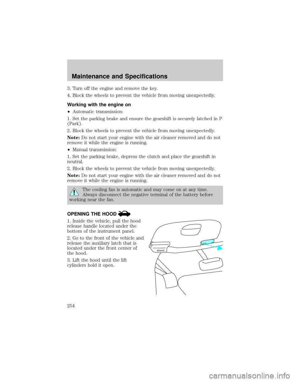 FORD F150 2002 10.G Owners Manual 3. Turn off the engine and remove the key.
4. Block the wheels to prevent the vehicle from moving unexpectedly.
Working with the engine on
²Automatic transmission:
1. Set the parking brake and ensure FORD F150 2002 10.G Owners Manual 3. Turn off the engine and remove the key.
4. Block the wheels to prevent the vehicle from moving unexpectedly.
Working with the engine on
²Automatic transmission:
1. Set the parking brake and ensure