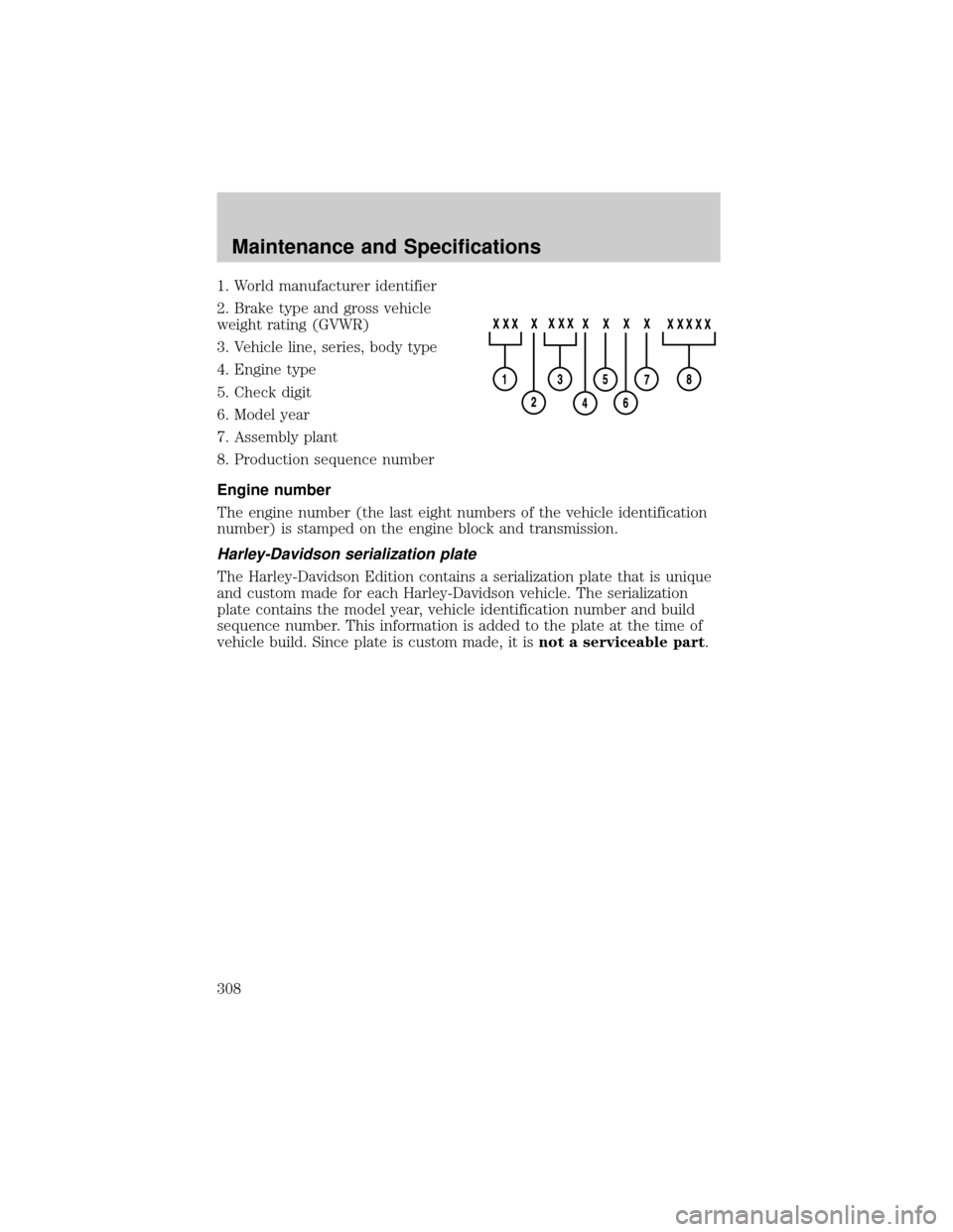 FORD F150 2002 10.G Owners Manual 1. World manufacturer identifier
2. Brake type and gross vehicle
weight rating (GVWR)
3. Vehicle line, series, body type
4. Engine type
5. Check digit
6. Model year
7. Assembly plant
8. Production seq