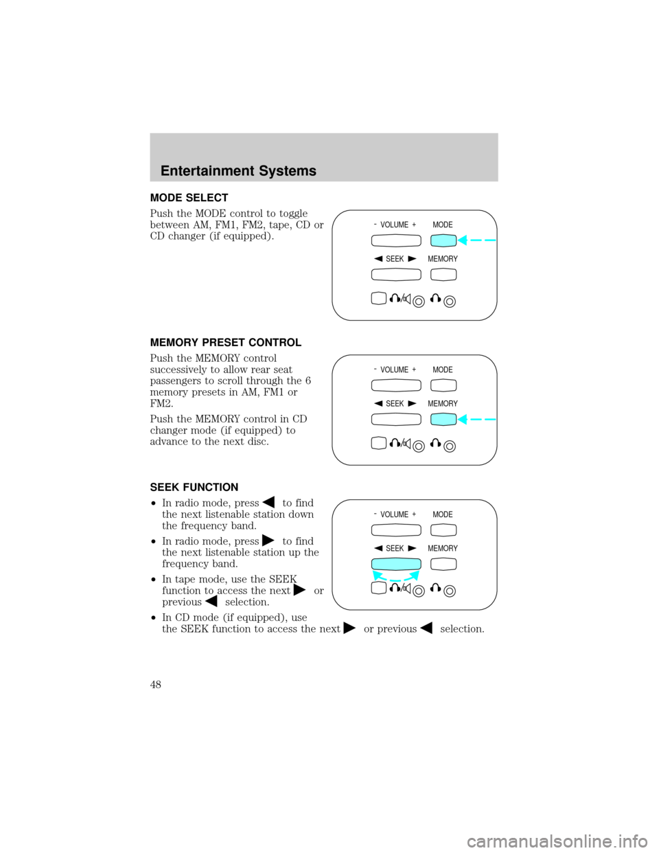 FORD F150 2002 10.G Owners Manual MODE SELECT
Push the MODE control to toggle
between AM, FM1, FM2, tape, CD or
CD changer (if equipped).
MEMORY PRESET CONTROL
Push the MEMORY control
successively to allow rear seat
passengers to scro