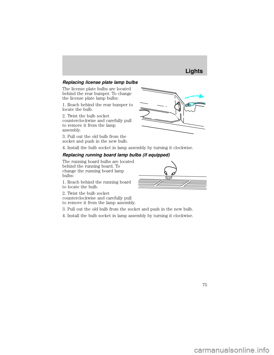 FORD F150 2002 10.G Owners Manual Replacing license plate lamp bulbs
The license plate bulbs are located
behind the rear bumper. To change
the license plate lamp bulbs:
1. Reach behind the rear bumper to
locate the bulb.
2. Twist the 