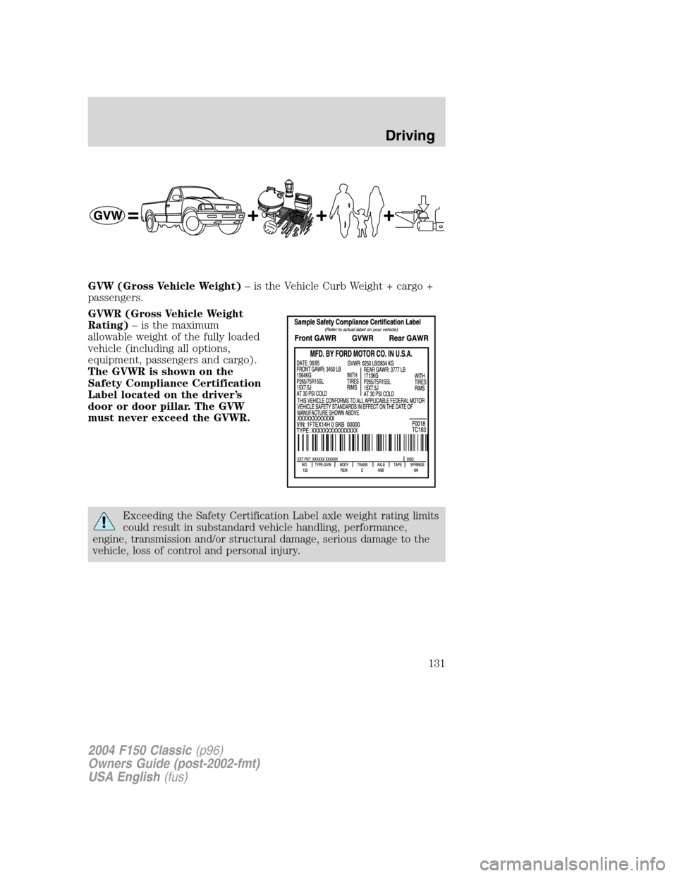 FORD F150 2004 11.G Herritage Owners Manual GVW (Gross Vehicle Weight)–is the Vehicle Curb Weight + cargo +
passengers.
GVWR (Gross Vehicle Weight
Rating)–is the maximum
allowable weight of the fully loaded
vehicle (including all options,
e