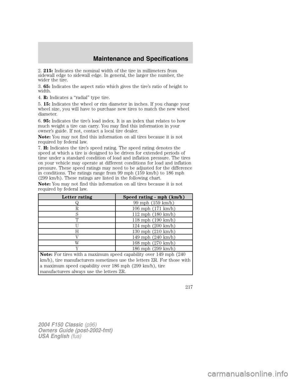 FORD F150 2004 11.G Herritage Owners Manual 2.215:Indicates the nominal width of the tire in millimeters from
sidewall edge to sidewall edge. In general, the larger the number, the
wider the tire.
3.65:Indicates the aspect ratio which gives the FORD F150 2004 11.G Herritage Owners Manual 2.215:Indicates the nominal width of the tire in millimeters from
sidewall edge to sidewall edge. In general, the larger the number, the
wider the tire.
3.65:Indicates the aspect ratio which gives the