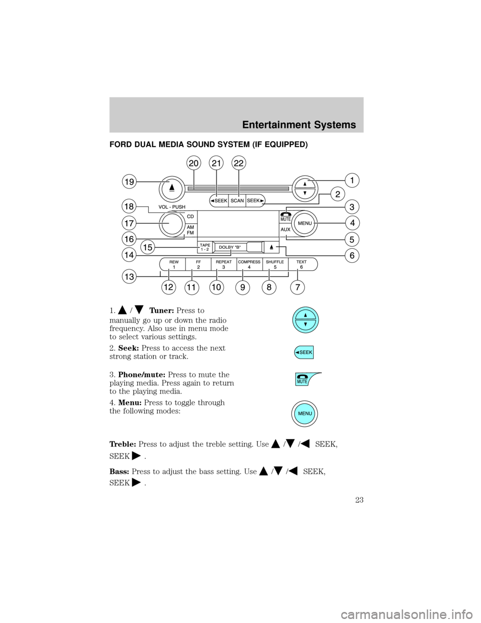 FORD F150 2004 11.G Owners Manual FORD DUAL MEDIA SOUND SYSTEM (IF EQUIPPED)
1.
/Tuner:Press to
manually go up or down the radio
frequency. Also use in menu mode
to select various settings.
2.Seek:Press to access the next
strong stati