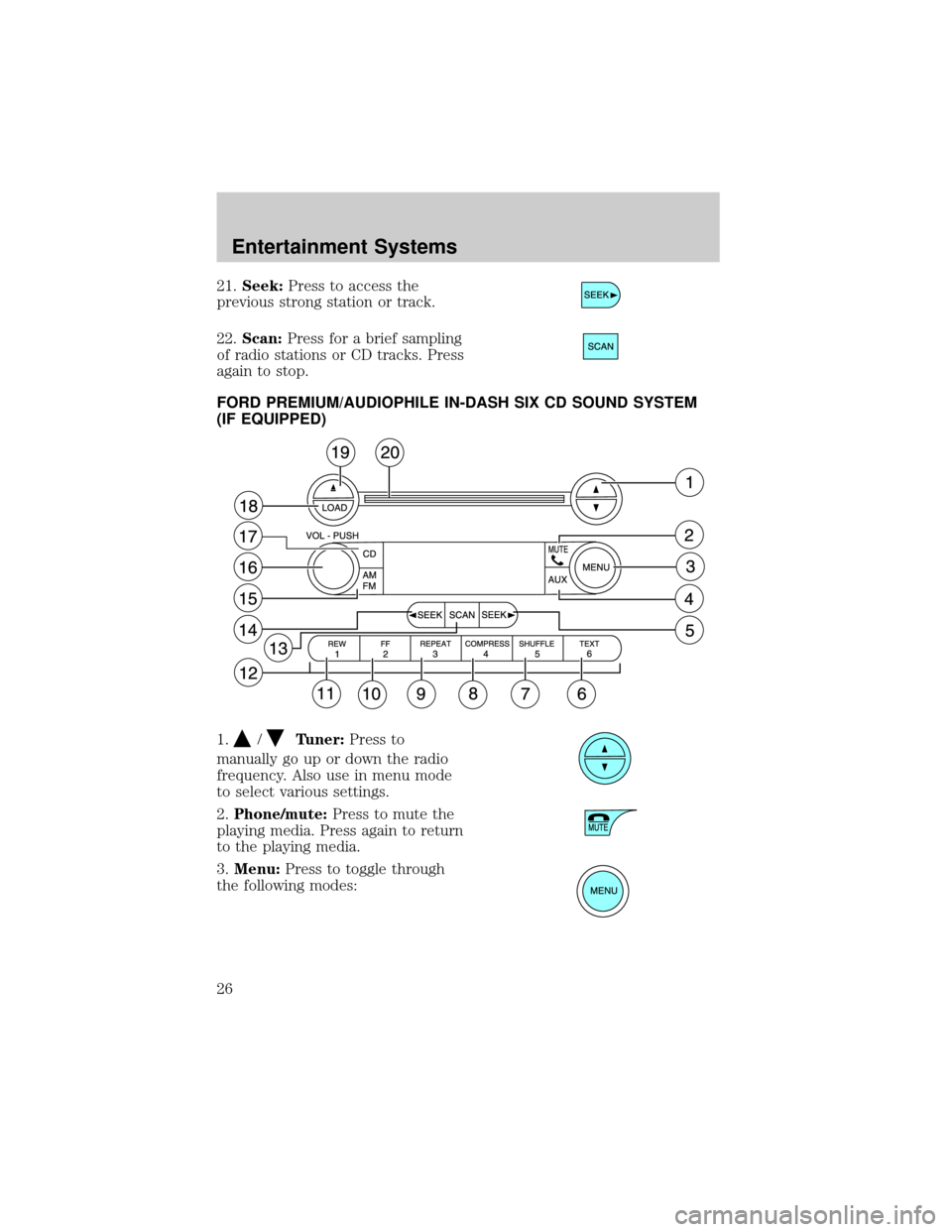 FORD F150 2004 11.G Owners Manual 21.Seek:Press to access the
previous strong station or track.
22.Scan:Press for a brief sampling
of radio stations or CD tracks. Press
again to stop.
FORD PREMIUM/AUDIOPHILE IN-DASH SIX CD SOUND SYSTE