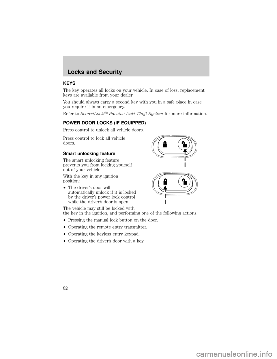 FORD F150 2004 11.G Owners Manual KEYS
The key operates all locks on your vehicle. In case of loss, replacement
keys are available from your dealer.
You should always carry a second key with you in a safe place in case
you require it 