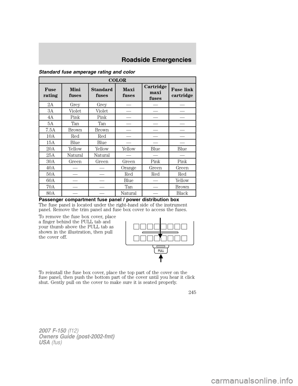 FORD F150 2007 11.G Owners Manual Standard fuse amperage rating and color
COLOR
Fuse
ratingMini
fusesStandard
fusesMaxi
fusesCartridge
maxi
fusesFuse link
cartridge
2A Grey Grey — — —
3A Violet Violet — — —
4A Pink Pink FORD F150 2007 11.G Owners Manual Standard fuse amperage rating and color
COLOR
Fuse
ratingMini
fusesStandard
fusesMaxi
fusesCartridge
maxi
fusesFuse link
cartridge
2A Grey Grey — — —
3A Violet Violet — — —
4A Pink Pink