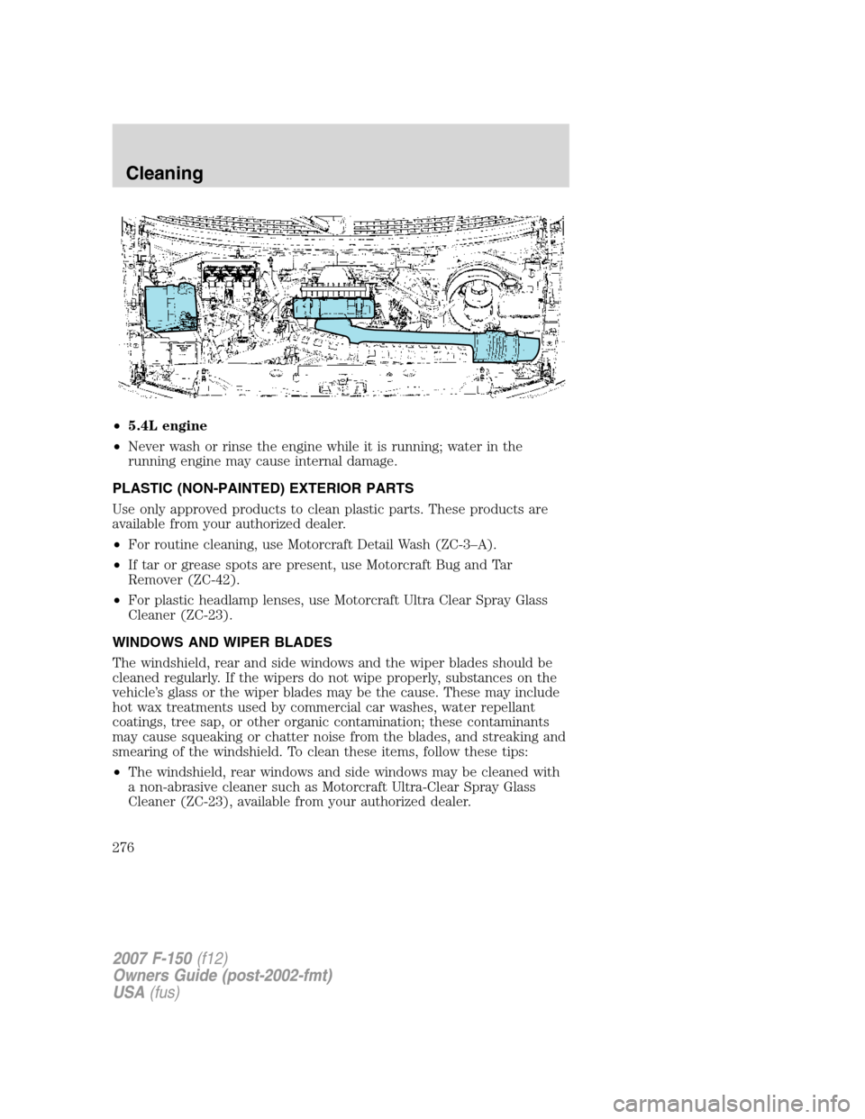 FORD F150 2007 11.G Owners Manual •5.4L engine
•Never wash or rinse the engine while it is running; water in the
running engine may cause internal damage.
PLASTIC (NON-PAINTED) EXTERIOR PARTS
Use only approved products to clean pl