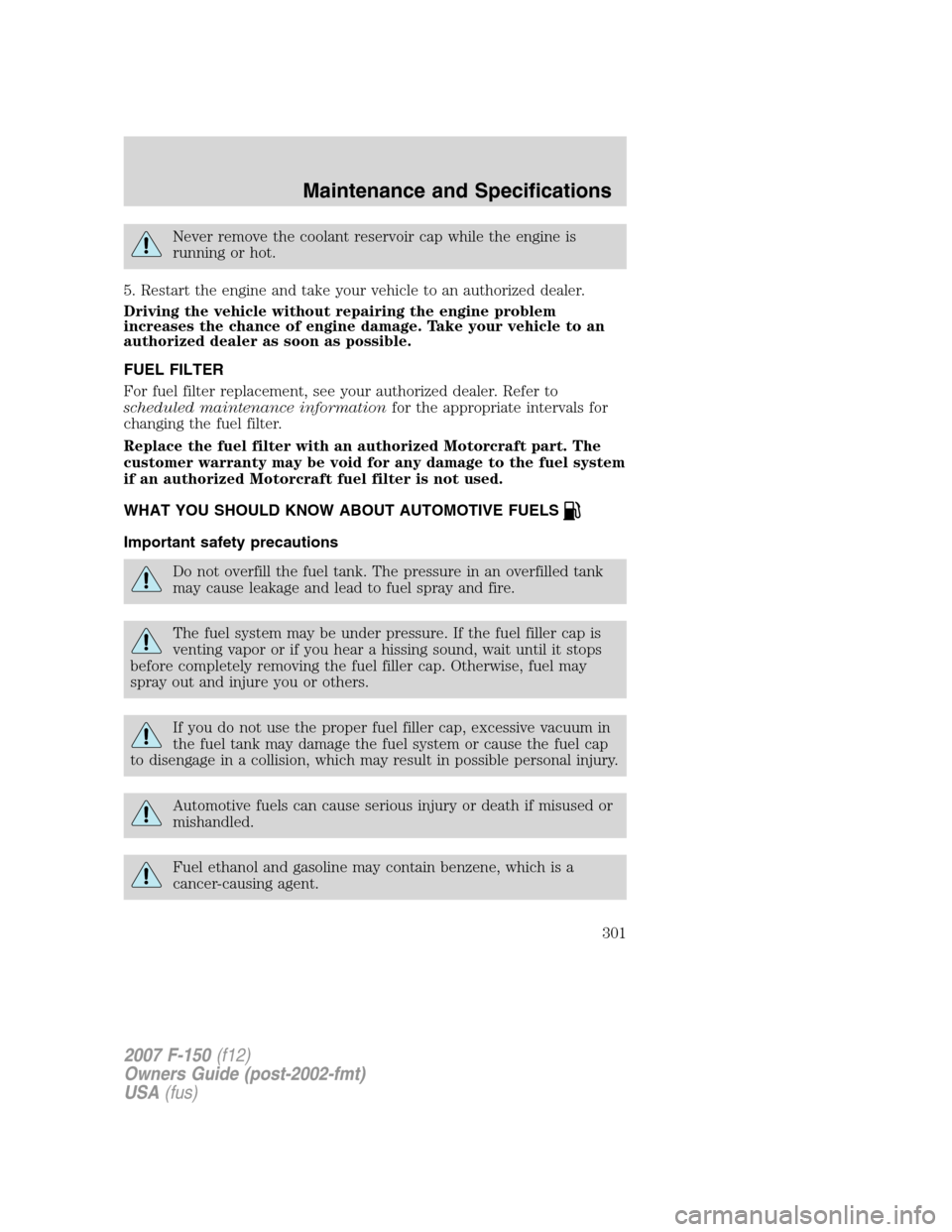 FORD F150 2007 11.G Owners Manual Never remove the coolant reservoir cap while the engine is
running or hot.
5. Restart the engine and take your vehicle to an authorized dealer.
Driving the vehicle without repairing the engine problem