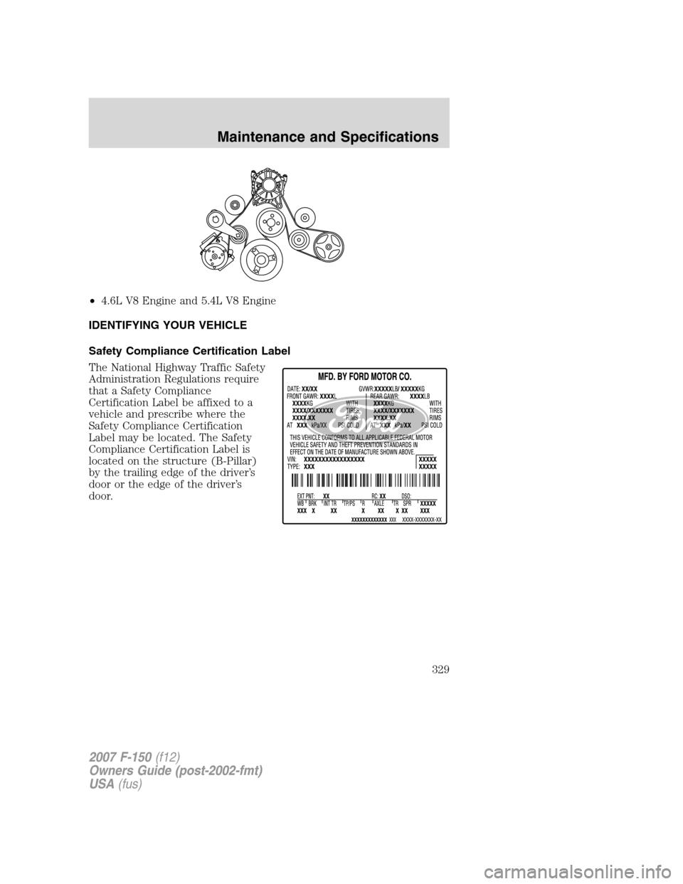 FORD F150 2007 11.G Owners Manual •4.6L V8 Engine and 5.4L V8 Engine
IDENTIFYING YOUR VEHICLE
Safety Compliance Certification Label
The National Highway Traffic Safety
Administration Regulations require
that a Safety Compliance
Cert