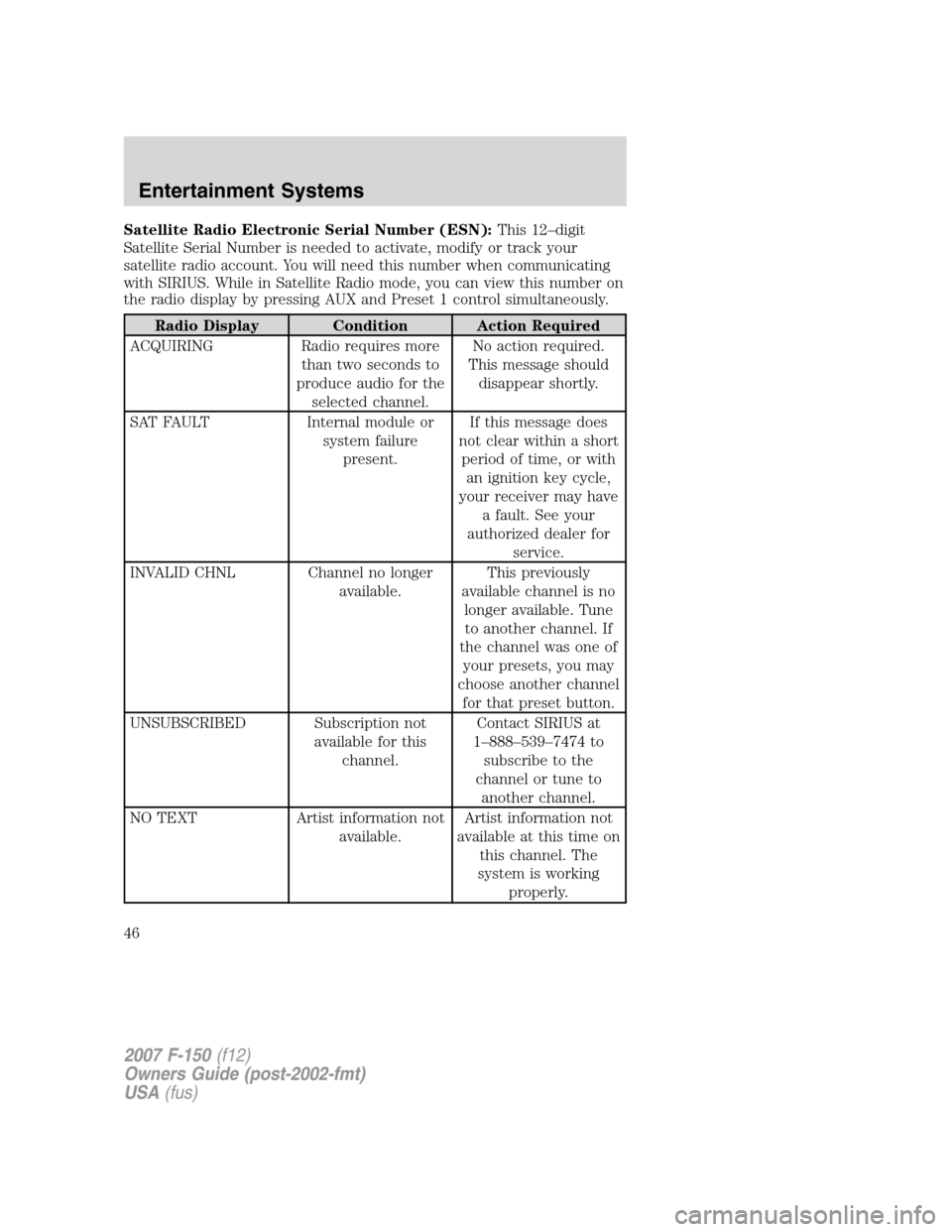 FORD F150 2007 11.G Owners Manual Satellite Radio Electronic Serial Number (ESN):This 12–digit
Satellite Serial Number is needed to activate, modify or track your
satellite radio account. You will need this number when communicating