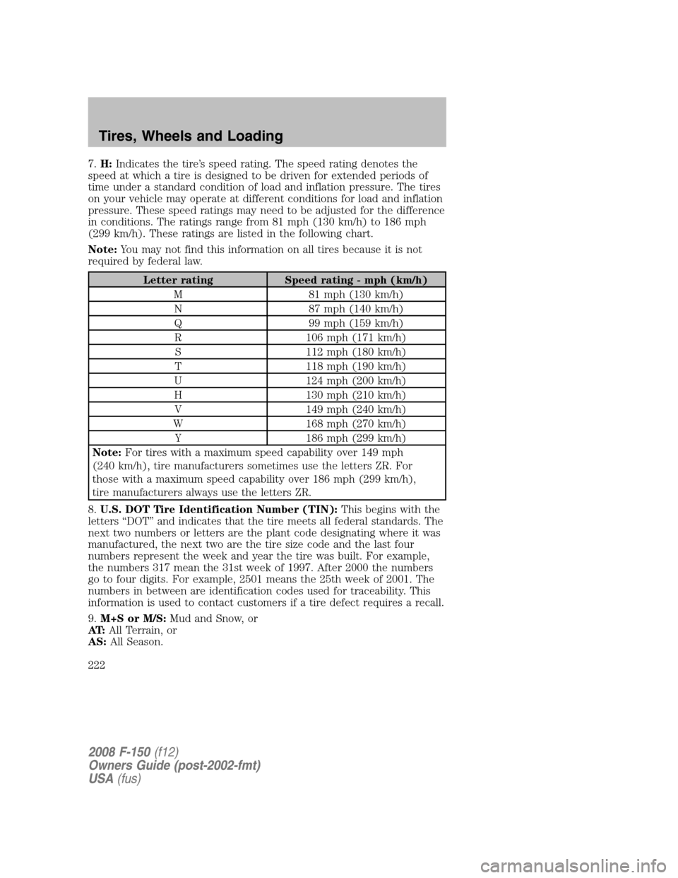 FORD F150 2008 11.G Owners Manual 7.H:Indicates the tire’s speed rating. The speed rating denotes the
speed at which a tire is designed to be driven for extended periods of
time under a standard condition of load and inflation press FORD F150 2008 11.G Owners Manual 7.H:Indicates the tire’s speed rating. The speed rating denotes the
speed at which a tire is designed to be driven for extended periods of
time under a standard condition of load and inflation press