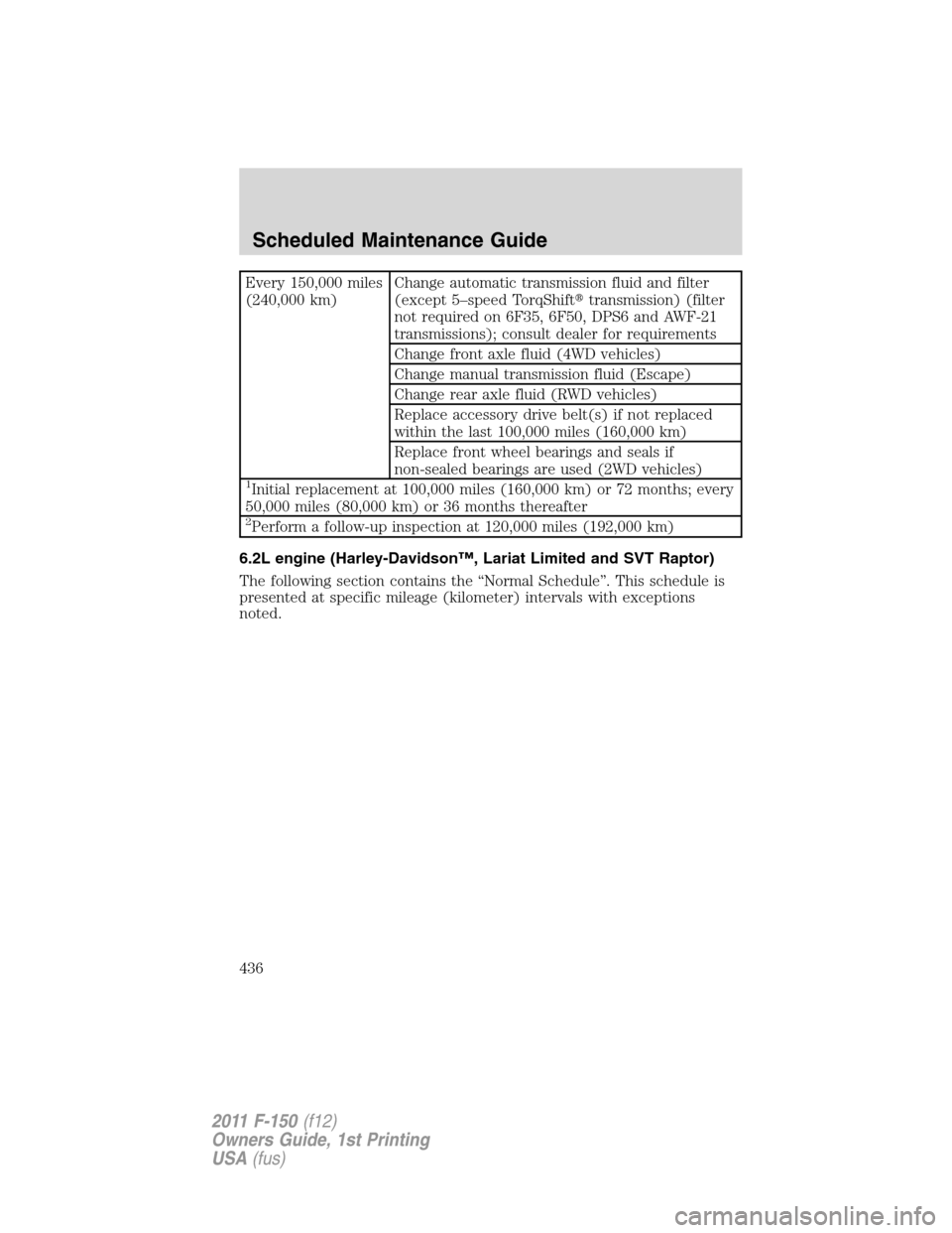 FORD F150 2011 12.G Owners Manual Every 150,000 miles
(240,000 km)Change automatic transmission fluid and filter
(except 5–speed TorqShifttransmission) (filter
not required on 6F35, 6F50, DPS6 and AWF-21
transmissions); consult dea FORD F150 2011 12.G Owners Manual Every 150,000 miles
(240,000 km)Change automatic transmission fluid and filter
(except 5–speed TorqShifttransmission) (filter
not required on 6F35, 6F50, DPS6 and AWF-21
transmissions); consult dea