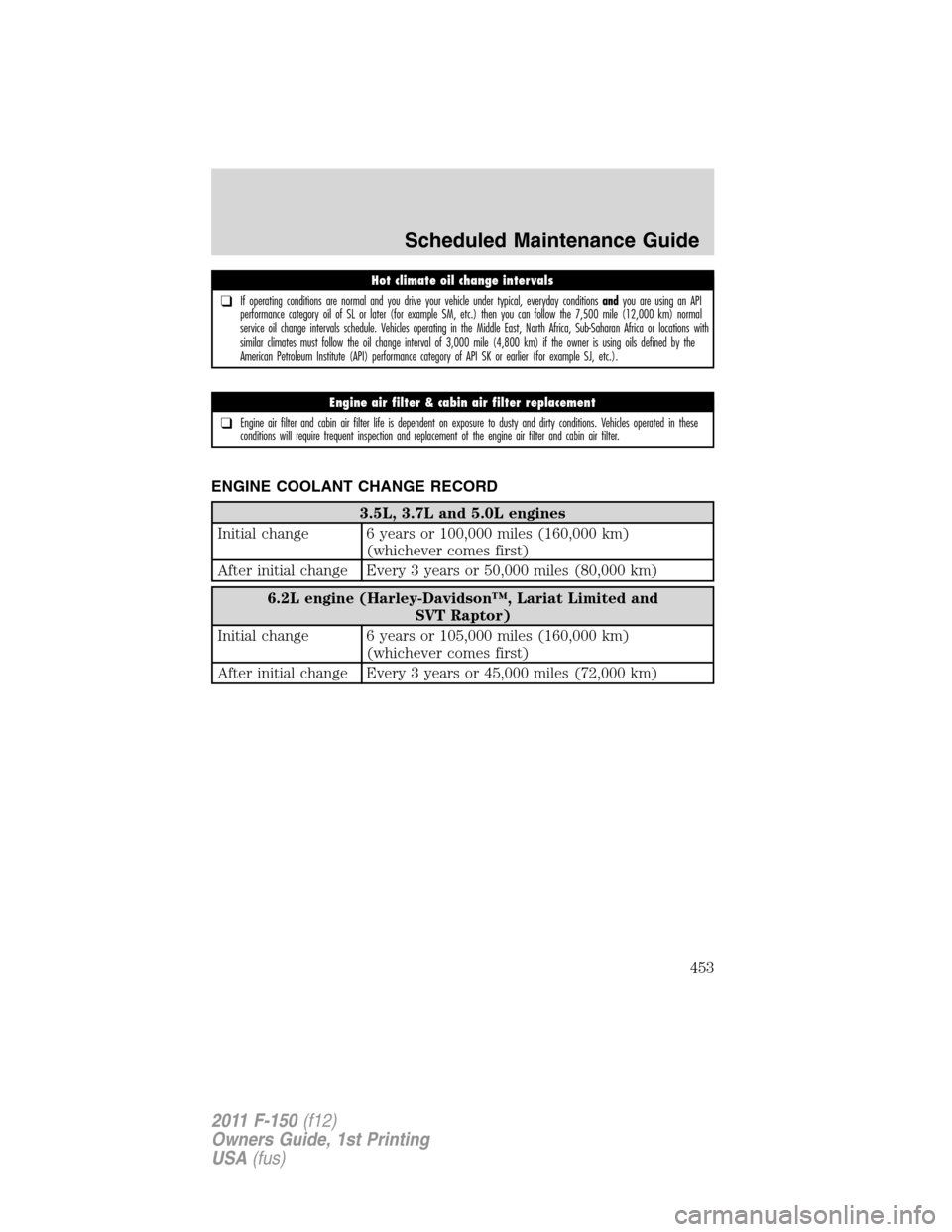 FORD F150 2011 12.G Owners Manual ENGINE COOLANT CHANGE RECORD
3.5L, 3.7L and 5.0L engines
Initial change 6 years or 100,000 miles (160,000 km)
(whichever comes first)
After initial change Every 3 years or 50,000 miles (80,000 km)
6.2 FORD F150 2011 12.G Owners Manual ENGINE COOLANT CHANGE RECORD
3.5L, 3.7L and 5.0L engines
Initial change 6 years or 100,000 miles (160,000 km)
(whichever comes first)
After initial change Every 3 years or 50,000 miles (80,000 km)
6.2