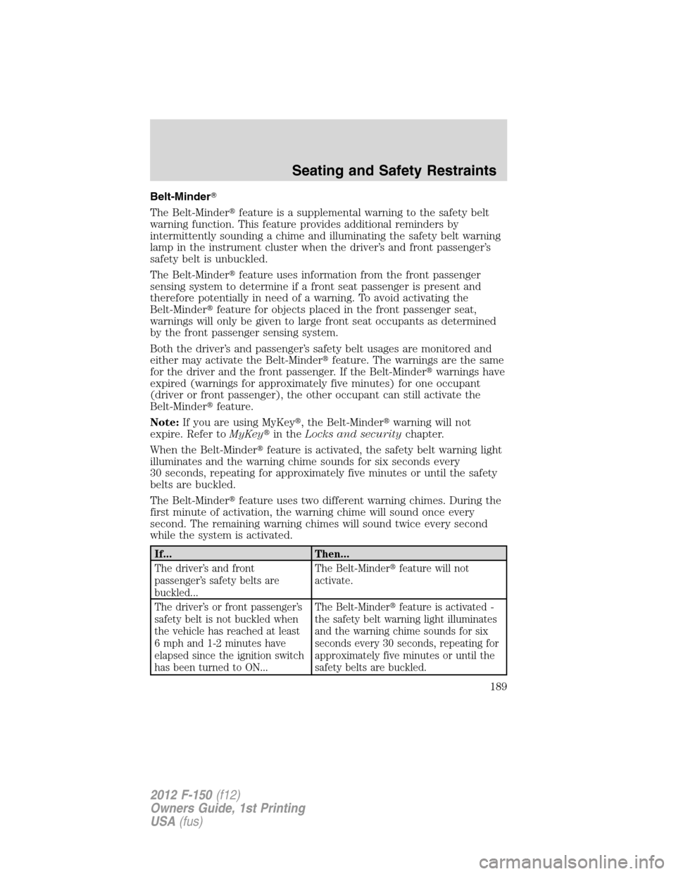 FORD F150 2012 12.G Owners Manual Belt-Minder
The Belt-Minderfeature is a supplemental warning to the safety belt
warning function. This feature provides additional reminders by
intermittently sounding a chime and illuminating the s FORD F150 2012 12.G Owners Manual Belt-Minder
The Belt-Minderfeature is a supplemental warning to the safety belt
warning function. This feature provides additional reminders by
intermittently sounding a chime and illuminating the s