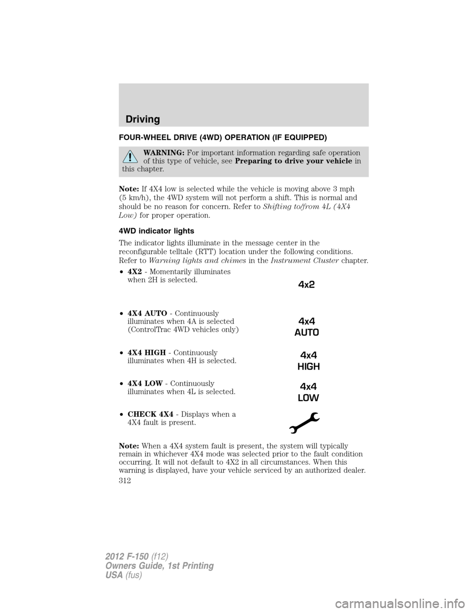 FORD F150 2012 12.G Owners Manual FOUR-WHEEL DRIVE (4WD) OPERATION (IF EQUIPPED)
WARNING:For important information regarding safe operation
of this type of vehicle, seePreparing to drive your vehiclein
this chapter.
Note:If 4X4 low is FORD F150 2012 12.G Owners Manual FOUR-WHEEL DRIVE (4WD) OPERATION (IF EQUIPPED)
WARNING:For important information regarding safe operation
of this type of vehicle, seePreparing to drive your vehiclein
this chapter.
Note:If 4X4 low is