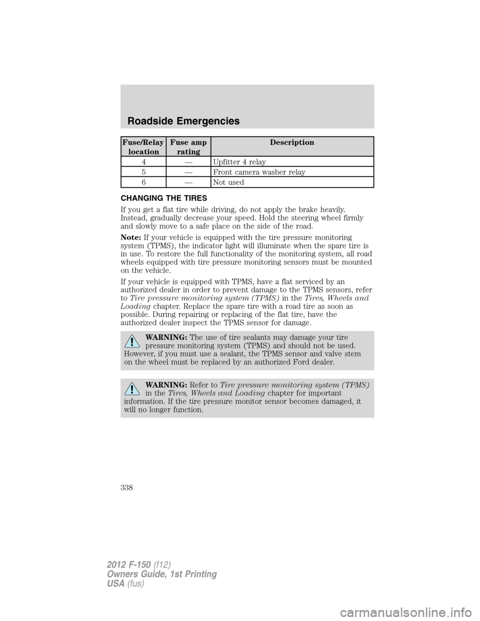 FORD F150 2012 12.G Owners Manual Fuse/Relay
locationFuse amp
ratingDescription
4 — Upfitter 4 relay
5 — Front camera washer relay
6 — Not used
CHANGING THE TIRES
If you get a flat tire while driving, do not apply the brake heav FORD F150 2012 12.G Owners Manual Fuse/Relay
locationFuse amp
ratingDescription
4 — Upfitter 4 relay
5 — Front camera washer relay
6 — Not used
CHANGING THE TIRES
If you get a flat tire while driving, do not apply the brake heav