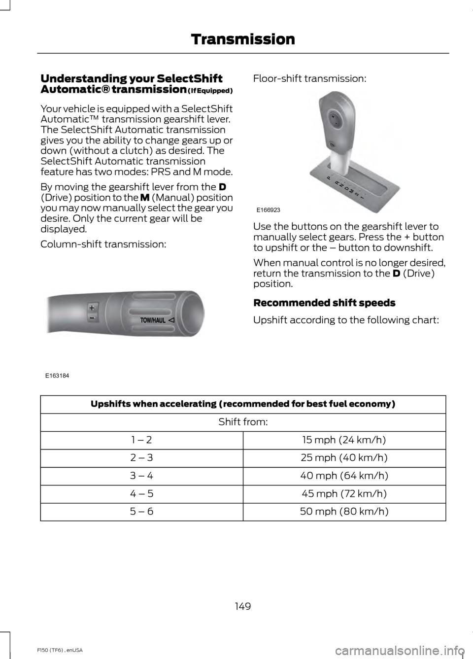 FORD F150 2014 12.G Owners Manual Understanding your SelectShift
Automatic® transmission (If Equipped)
Your vehicle is equipped with a SelectShift
Automatic
™ transmission gearshift lever.
The SelectShift Automatic transmission
giv FORD F150 2014 12.G Owners Manual Understanding your SelectShift
Automatic® transmission (If Equipped)
Your vehicle is equipped with a SelectShift
Automatic
™ transmission gearshift lever.
The SelectShift Automatic transmission
giv