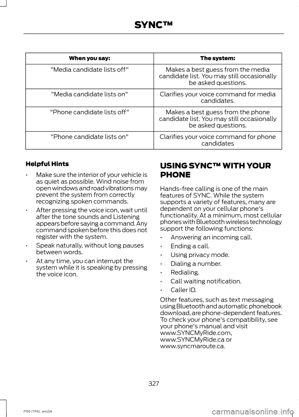 FORD F150 2014 12.G Owners Manual The system:
When you say:
Makes a best guess from the media
candidate list. You may still occasionally be asked questions.
"Media candidate lists off"
Clarifies your voice command for mediacandidates. FORD F150 2014 12.G Owners Manual The system:
When you say:
Makes a best guess from the media
candidate list. You may still occasionally be asked questions.
"Media candidate lists off"
Clarifies your voice command for mediacandidates.