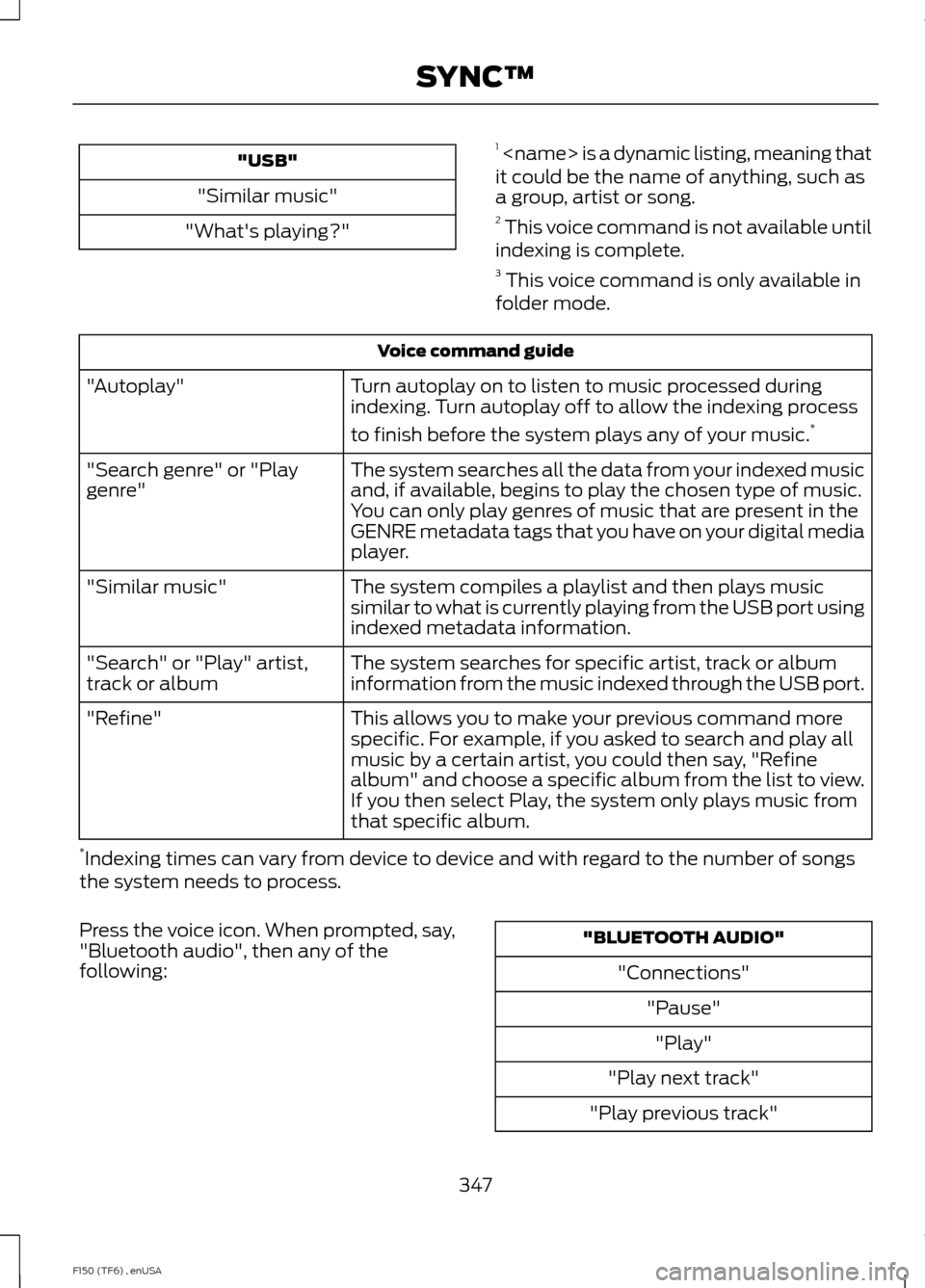 FORD F150 2014 12.G Owners Manual "USB"
"Similar music"
"Whats playing?" 1
<name> is a dynamic listing, meaning that
it could be the name of anything, such as
a group, artist or song.
2 This voice command is not available until
ind FORD F150 2014 12.G Owners Manual "USB"
"Similar music"
"Whats playing?" 1
<name> is a dynamic listing, meaning that
it could be the name of anything, such as
a group, artist or song.
2 This voice command is not available until
ind