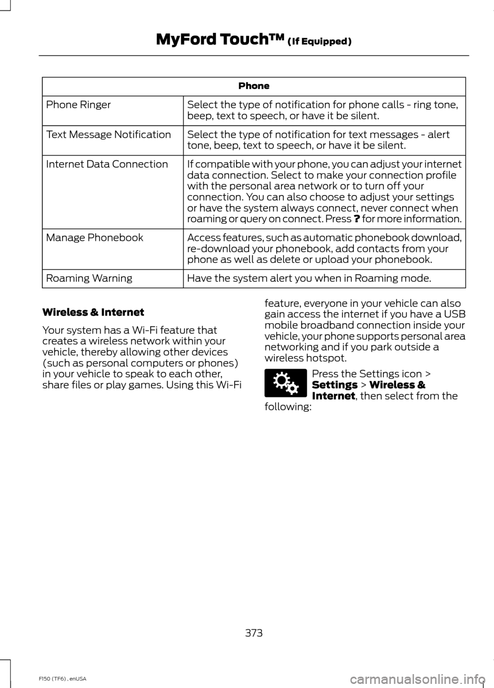 FORD F150 2014 12.G Owners Manual Phone
Select the type of notification for phone calls - ring tone,
beep, text to speech, or have it be silent.
Phone Ringer
Select the type of notification for text messages - alert
tone, beep, text t