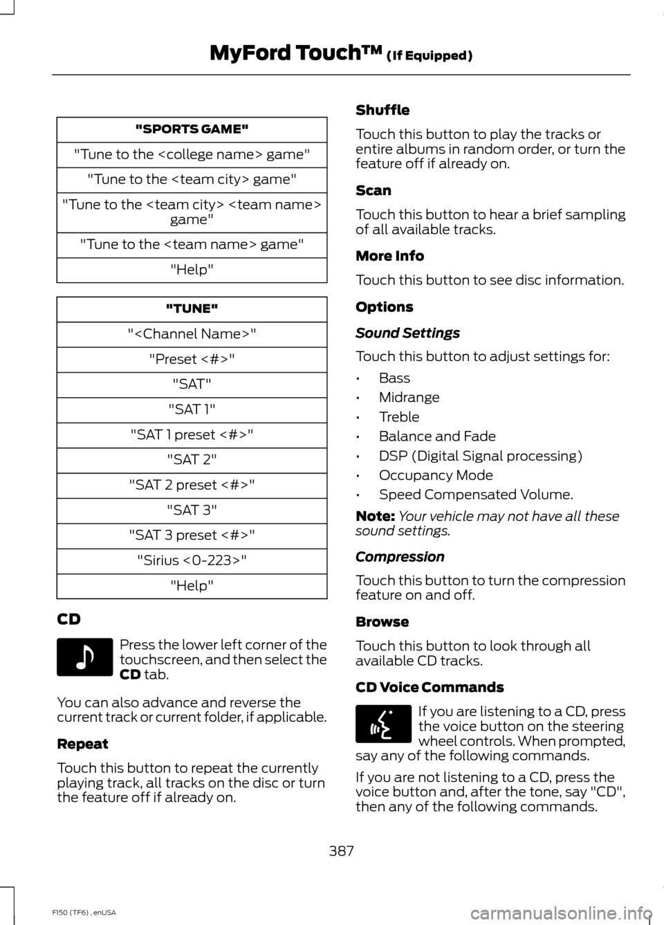 FORD F150 2014 12.G Owners Manual "SPORTS GAME"
"Tune to the <college name> game" "Tune to the <team city> game"
"Tune to the <team city> <team name> game"
"Tune to the <team name> game" "Help" "TUNE"
"<Channel Name>" "Preset <#>" "SA FORD F150 2014 12.G Owners Manual "SPORTS GAME"
"Tune to the <college name> game" "Tune to the <team city> game"
"Tune to the <team city> <team name> game"
"Tune to the <team name> game" "Help" "TUNE"
"<Channel Name>" "Preset <#>" "SA