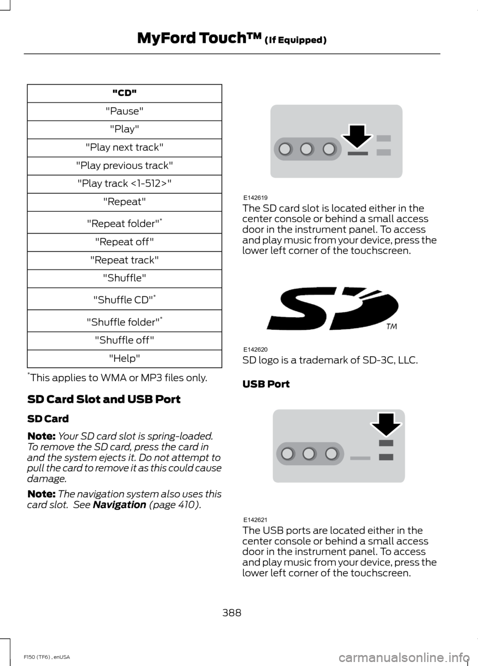 FORD F150 2014 12.G Owners Manual "CD"
"Pause" "Play"
"Play next track"
"Play previous track" "Play track <1-512>" "Repeat"
"Repeat folder" *
"Repeat off"
"Repeat track" "Shuffle"
"Shuffle CD" *
"Shuffle folder" *
"Shuffle off" "Help" FORD F150 2014 12.G Owners Manual "CD"
"Pause" "Play"
"Play next track"
"Play previous track" "Play track <1-512>" "Repeat"
"Repeat folder" *
"Repeat off"
"Repeat track" "Shuffle"
"Shuffle CD" *
"Shuffle folder" *
"Shuffle off" "Help"