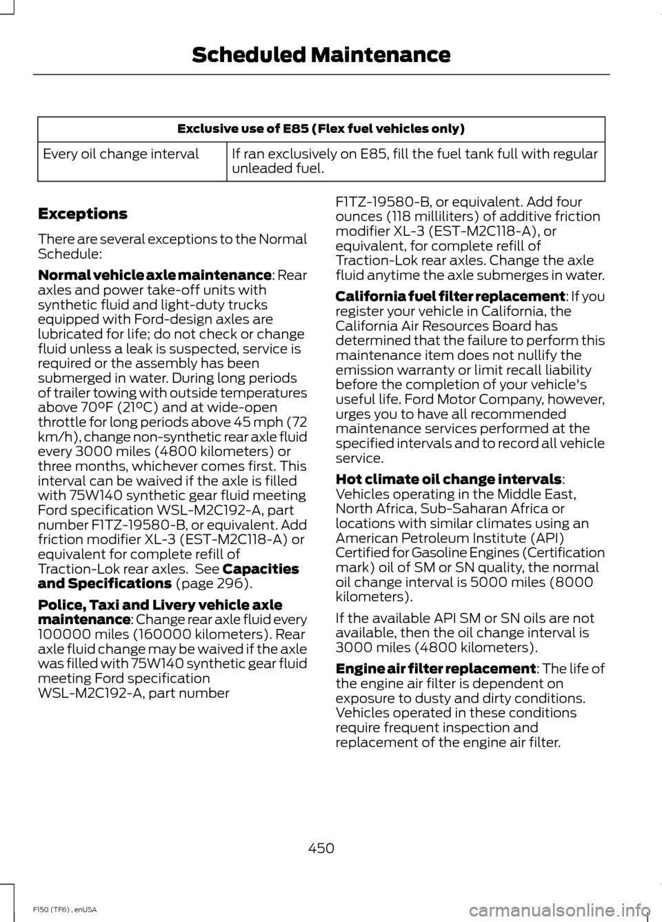 FORD F150 2014 12.G Owners Manual Exclusive use of E85 (Flex fuel vehicles only)
If ran exclusively on E85, fill the fuel tank full with regular
unleaded fuel.
Every oil change interval
Exceptions
There are several exceptions to the N FORD F150 2014 12.G Owners Manual Exclusive use of E85 (Flex fuel vehicles only)
If ran exclusively on E85, fill the fuel tank full with regular
unleaded fuel.
Every oil change interval
Exceptions
There are several exceptions to the N