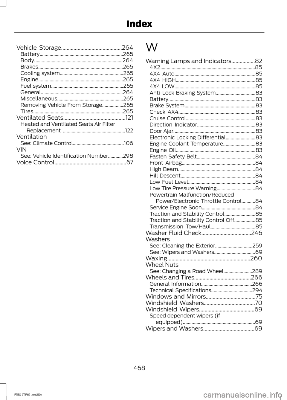 FORD F150 2014 12.G Owners Manual Vehicle Storage............................................264
Battery................................................................... 265
Body......................................................