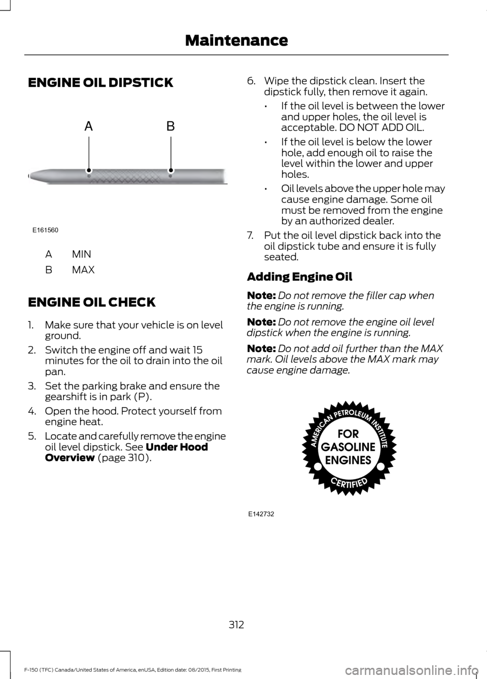 FORD F150 2016 13.G Owners Manual ENGINE OIL DIPSTICK
MINA
MAX
B
ENGINE OIL CHECK
1. Make sure that your vehicle is on level ground.
2. Switch the engine off and wait 15 minutes for the oil to drain into the oil
pan.
3. Set the parkin