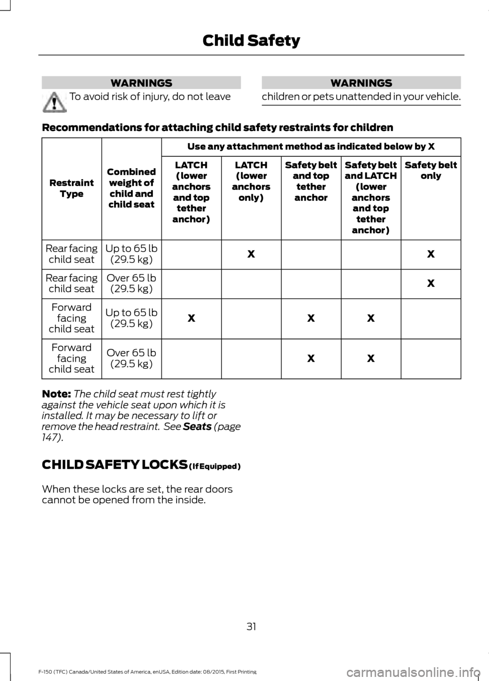 FORD F150 2016 13.G Owners Manual WARNINGS
To avoid risk of injury, do not leave WARNINGS
children or pets unattended in your vehicle. Recommendations for attaching child safety restraints for children
Use any attachment method as ind
