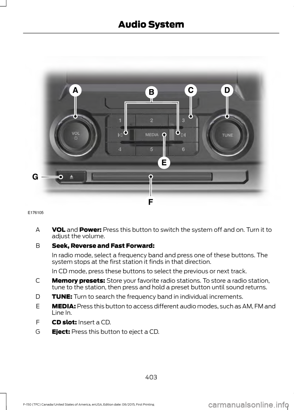 FORD F150 2016 13.G Owners Manual VOL and Power: Press this button to switch the system off and on. Turn it to
adjust the volume.
A
Seek, Reverse and Fast Forward:
B
In radio mode, select a frequency band and press one of these button