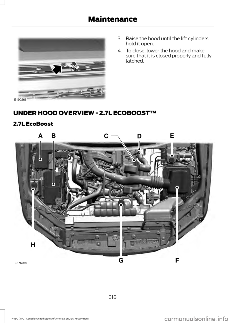 FORD F150 2017 13.G Owners Manual 3. Raise the hood until the lift cylinders
hold it open.
4. To close, lower the hood and make sure that it is closed properly and fully
latched.
UNDER HOOD OVERVIEW - 2.7L ECOBOOST™
2.7L EcoBoost 31