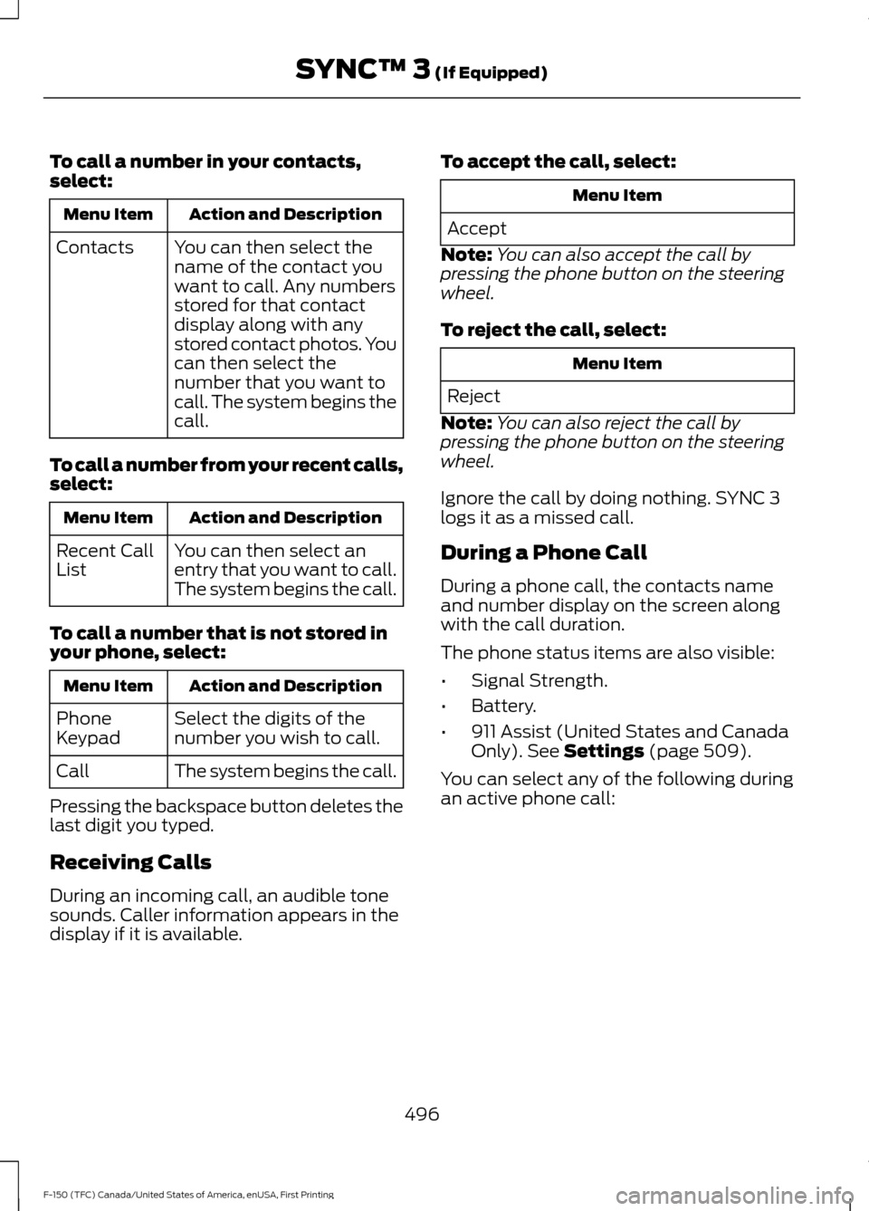 FORD F150 2017 13.G Owners Manual To call a number in your contacts,
select:
Action and Description
Menu Item
You can then select the
name of the contact you
want to call. Any numbers
stored for that contact
display along with any
sto