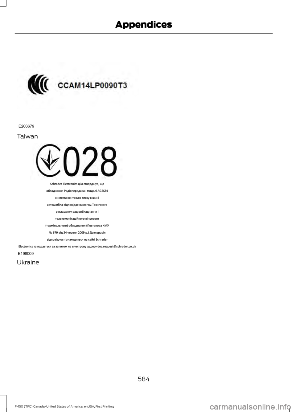 FORD F150 2017 13.G Owners Manual Taiwan
Ukraine
584
F-150 (TFC) Canada/United States of America, enUSA, First Printing AppendicesE203679 E198009  