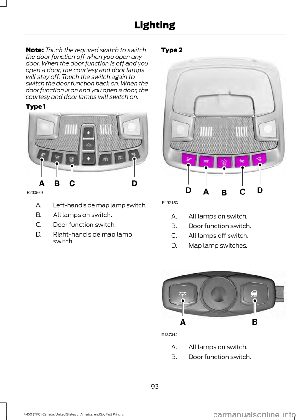 FORD F150 2017 13.G Owners Manual Note:
Touch the required switch to switch
the door function off when you open any
door. When the door function is off and you
open a door, the courtesy and door lamps
will stay off. Touch the switch a
