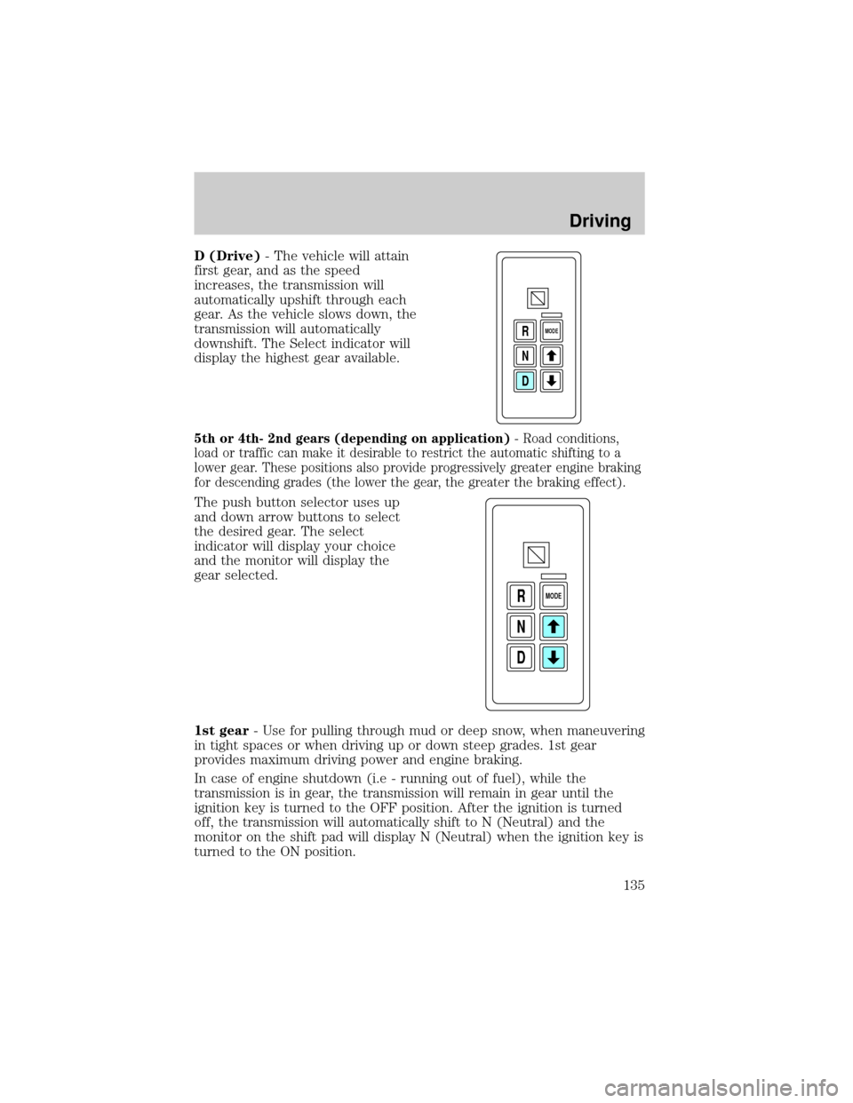 FORD F650 2001 10.G Owners Manual D (Drive)- The vehicle will attain
first gear, and as the speed
increases, the transmission will
automatically upshift through each
gear. As the vehicle slows down, the
transmission will automatically FORD F650 2001 10.G Owners Manual D (Drive)- The vehicle will attain
first gear, and as the speed
increases, the transmission will
automatically upshift through each
gear. As the vehicle slows down, the
transmission will automatically