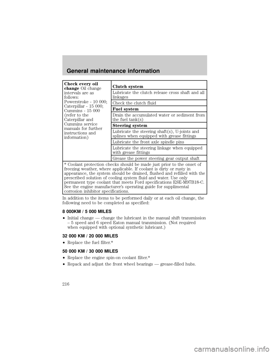 FORD F650 2001 10.G Owners Manual Check every oil
changeOil change
intervals are as
follows:
Powerstroke - 10 000;
Caterpillar - 15 000;
Cummins - 15 000
(refer to the
Caterpillar and
Cummins service
manuals for further
instructions a FORD F650 2001 10.G Owners Manual Check every oil
changeOil change
intervals are as
follows:
Powerstroke - 10 000;
Caterpillar - 15 000;
Cummins - 15 000
(refer to the
Caterpillar and
Cummins service
manuals for further
instructions a