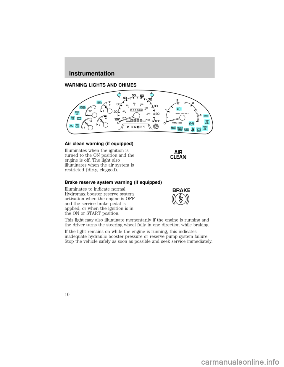 FORD F750 2001 10.G Owners Manual WARNING LIGHTS AND CHIMES
Air clean warning (if equipped)
Illuminates when the ignition is
turned to the ON position and the
engine is off. The light also
illuminates when the air system is
restricted FORD F750 2001 10.G Owners Manual WARNING LIGHTS AND CHIMES
Air clean warning (if equipped)
Illuminates when the ignition is
turned to the ON position and the
engine is off. The light also
illuminates when the air system is
restricted