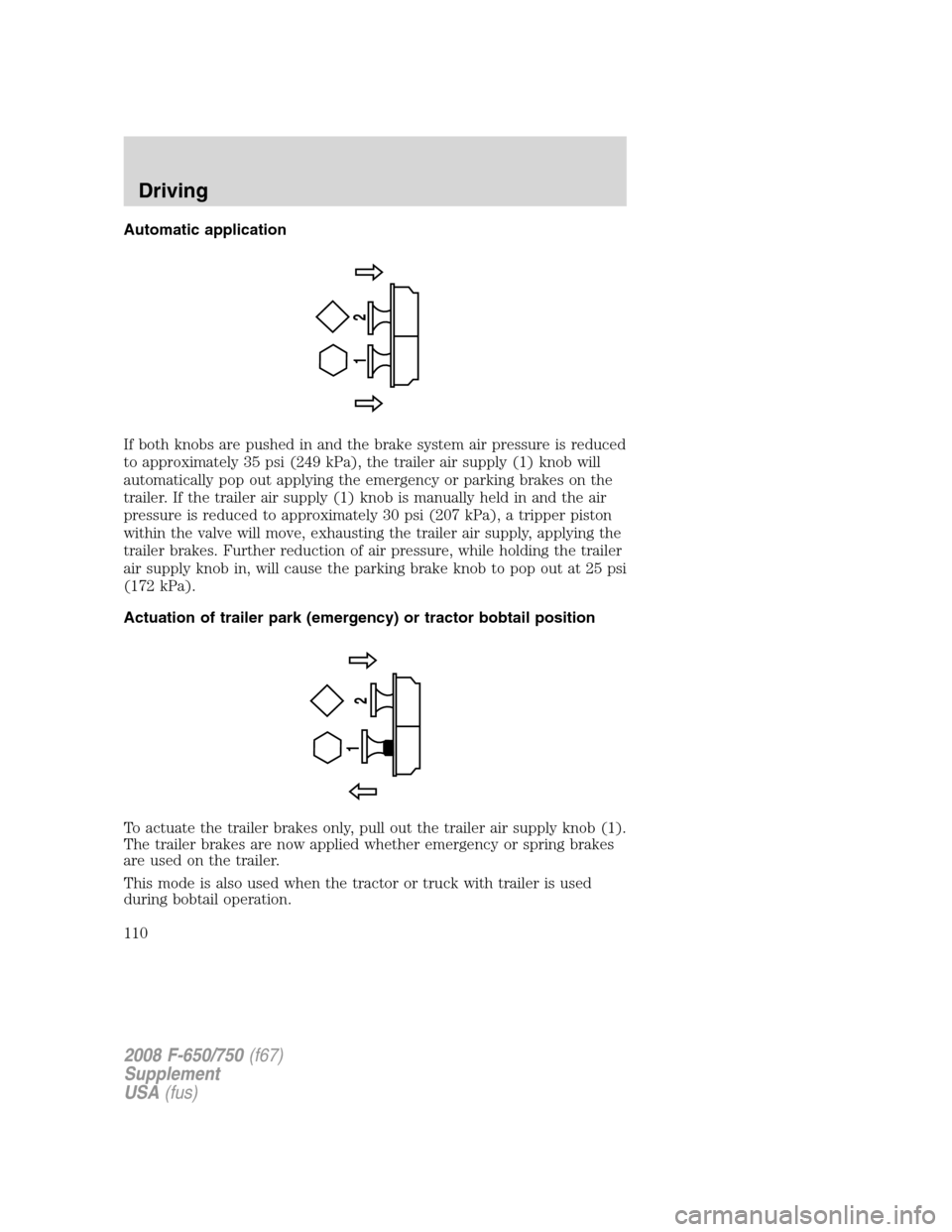 FORD F750 2008 11.G Owners Manual Automatic application
If both knobs are pushed in and the brake system air pressure is reduced
to approximately 35 psi (249 kPa), the trailer air supply (1) knob will
automatically pop out applying th FORD F750 2008 11.G Owners Manual Automatic application
If both knobs are pushed in and the brake system air pressure is reduced
to approximately 35 psi (249 kPa), the trailer air supply (1) knob will
automatically pop out applying th