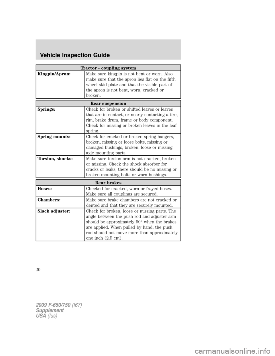 FORD F750 2009 12.G Owners Manual Tractor - coupling system
Kingpin/Apron:Make sure kingpin is not bent or worn. Also
make sure that the apron lies flat on the fifth
wheel skid plate and that the visible part of
the apron is not bent, FORD F750 2009 12.G Owners Manual Tractor - coupling system
Kingpin/Apron:Make sure kingpin is not bent or worn. Also
make sure that the apron lies flat on the fifth
wheel skid plate and that the visible part of
the apron is not bent,