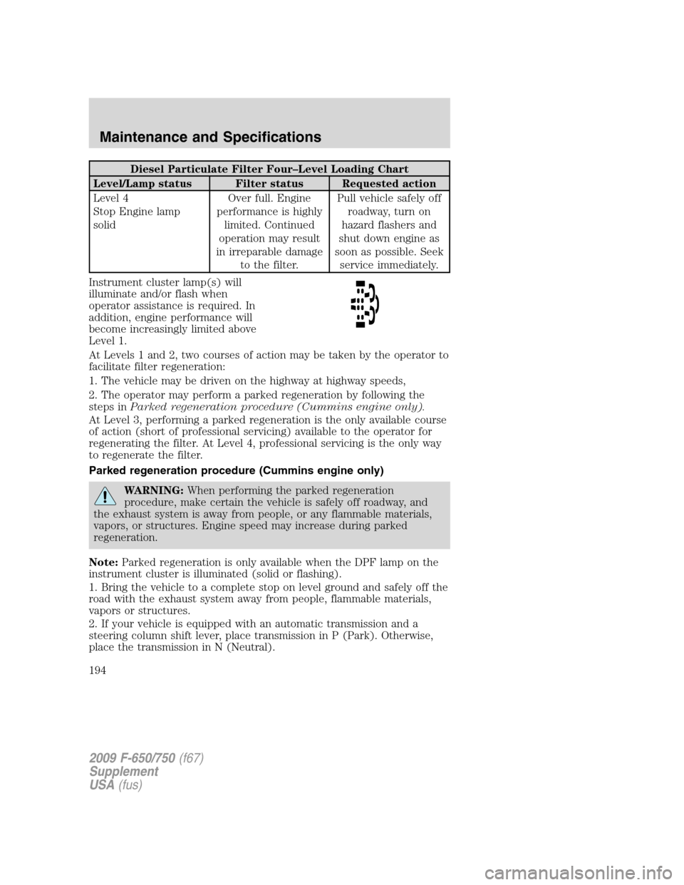 FORD F750 2009 12.G Owners Manual Diesel Particulate Filter Four–Level Loading Chart
Level/Lamp status Filter status Requested action
Level 4
Stop Engine lamp
solidOver full. Engine
performance is highly
limited. Continued
operation FORD F750 2009 12.G Owners Manual Diesel Particulate Filter Four–Level Loading Chart
Level/Lamp status Filter status Requested action
Level 4
Stop Engine lamp
solidOver full. Engine
performance is highly
limited. Continued
operation
