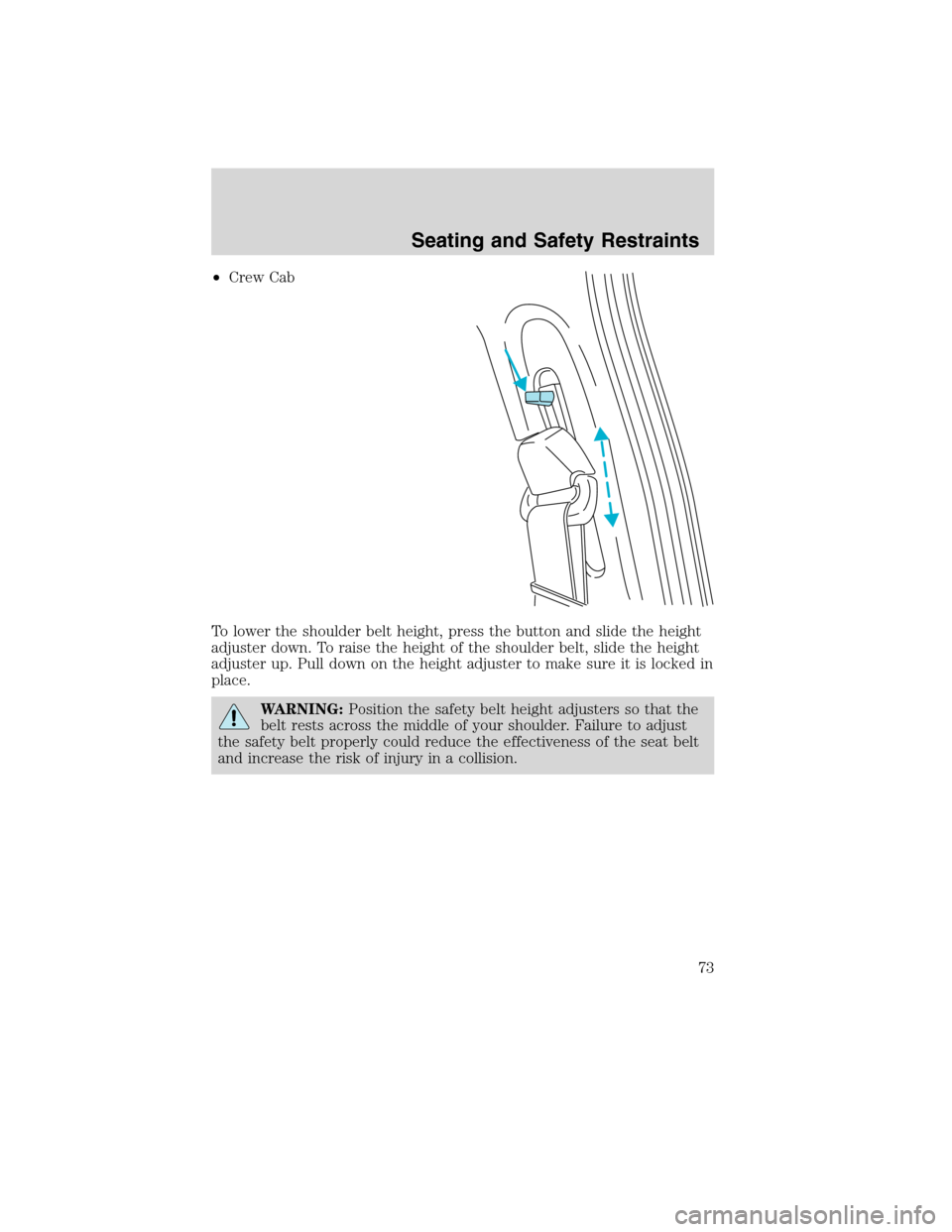 FORD F750 2010 12.G Owners Manual •Crew Cab
To lower the shoulder belt height, press the button and slide the height
adjuster down. To raise the height of the shoulder belt, slide the height
adjuster up. Pull down on the height adju
